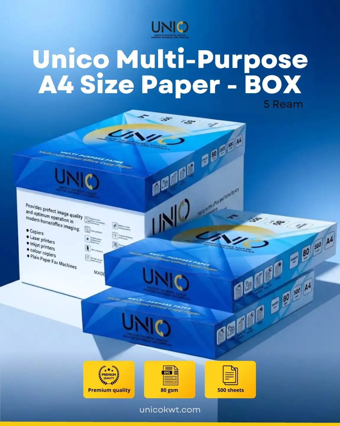 Unico Multi-Purpose A4 Size Paper - BOX (5 Ream) - New Stock